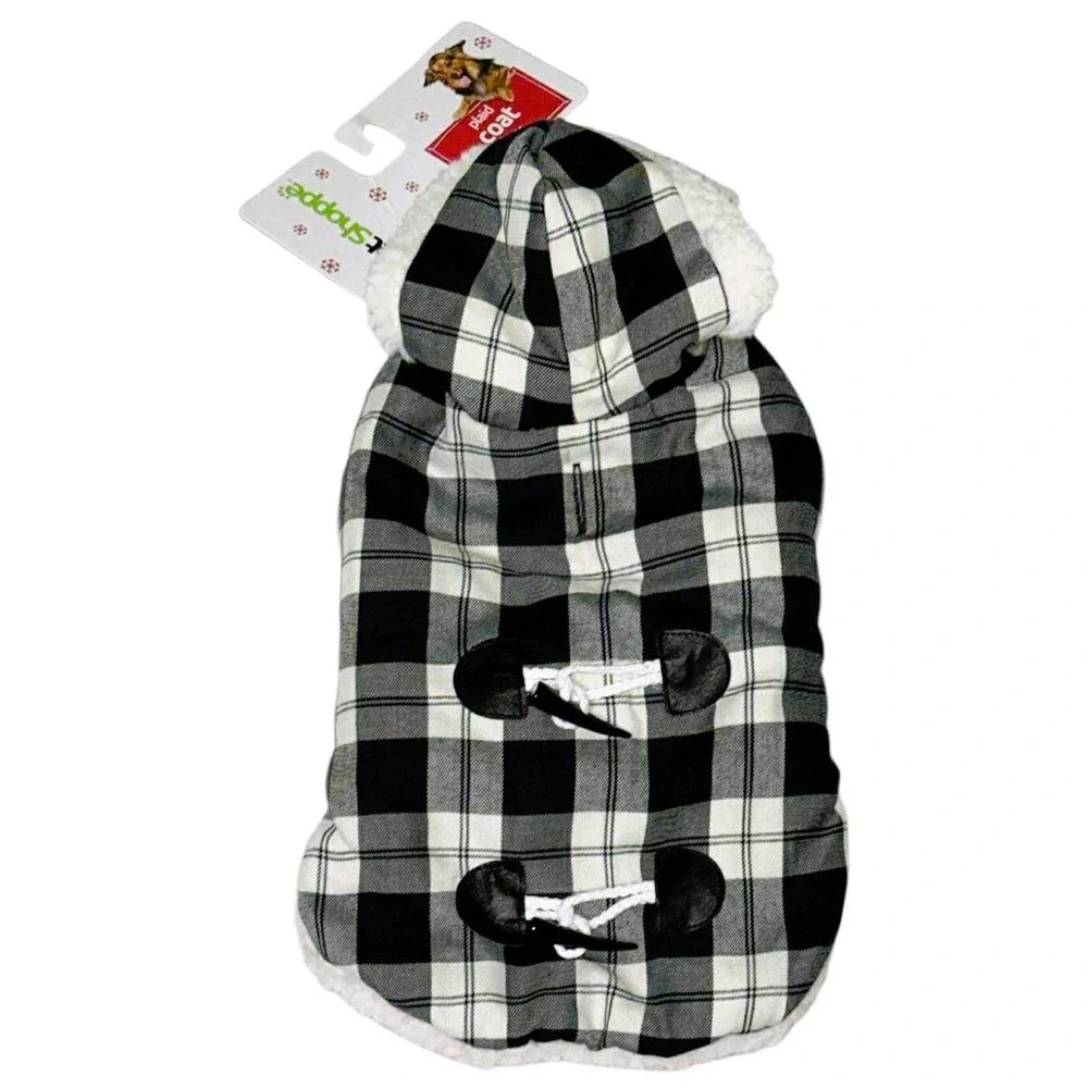 NEW* Pet Shoppe Plaid Dog Hoodie Black/White Checked Coat Sz M/L • 20-35lbs